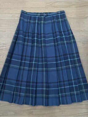 Pendleton 100% Virgin Wool Women's 1990s Pleated Blue Plaid Skirt Size 14